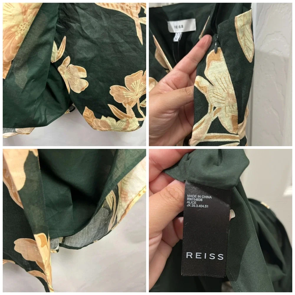 Reiss Alice Fitted Green Floral Linen Chain Strap Midi Dress Size 4 Wrap New - Picture 6 of 16